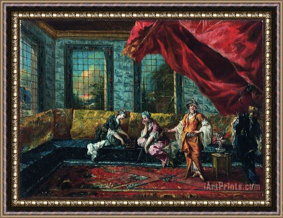 Giovanni Antonio Guardi; Francesco Guardi Two Odalisques Playing Mancala in The Harem Framed Painting