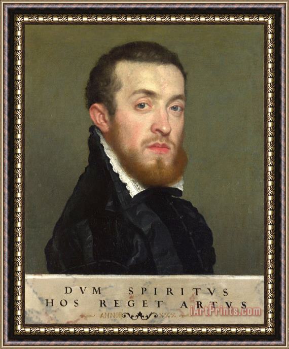 Giovanni Battista Moroni Bust Portrait of a Young Man with an Inscription Framed Painting