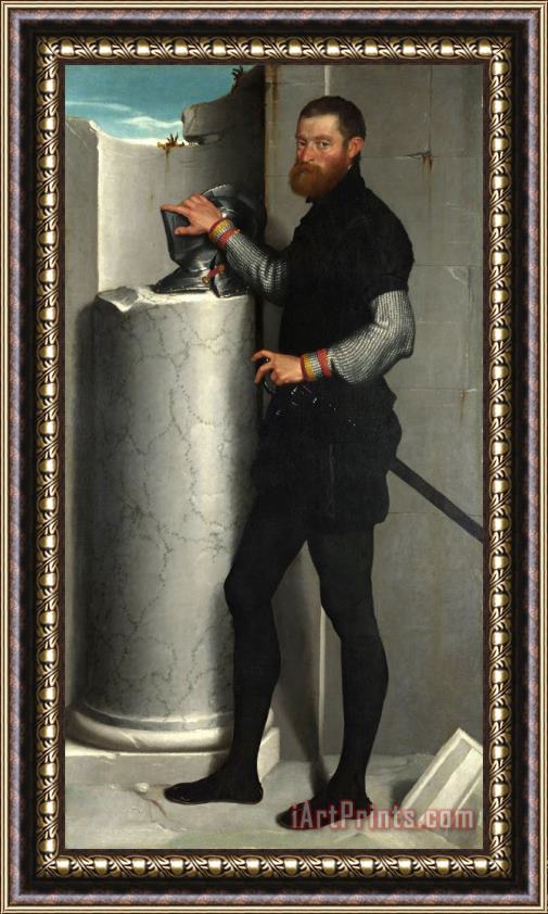 Giovanni Battista Moroni Portrait of a Gentleman with His Helmet on a Column Shaft Framed Painting