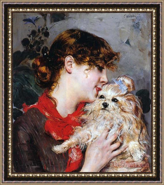 Giovanni Boldini The actress Rejane and her dog Framed Painting
