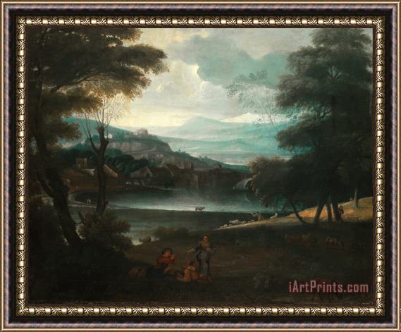 Giovanni F. Grimaldi Landscape with Resting Shepherds Framed Painting