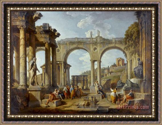 Giovanni Paolo Panini A Capriccio of Roman Ruins with The Arch of Constantine Framed Painting