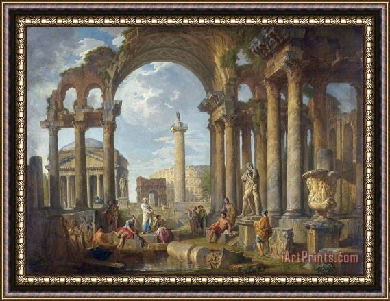 Giovanni Paolo Panini A Capriccio of Roman Ruins with The Pantheon Framed Print