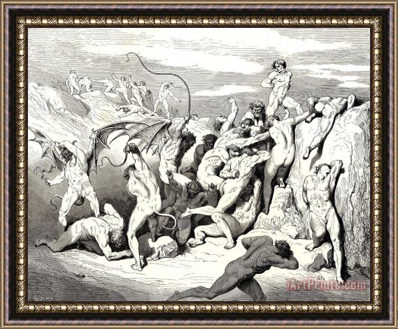 Gustave Dore The Inferno, Canto 18, Line 38 Ah! How They Made Them Bound at The First Stripe! Framed Painting