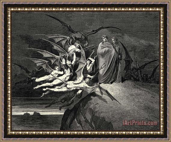 Gustave Dore The Inferno, Canto 21, Line 70 “be None of You Outrageous.” Framed Painting