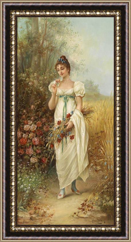 Hans Zatzka Circle Girl with Meadow Flowers And Roses Framed Painting