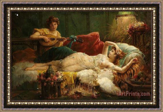 Hans Zatzka Interior with a Lightly Dressed Woman And a Lute Player Framed Print