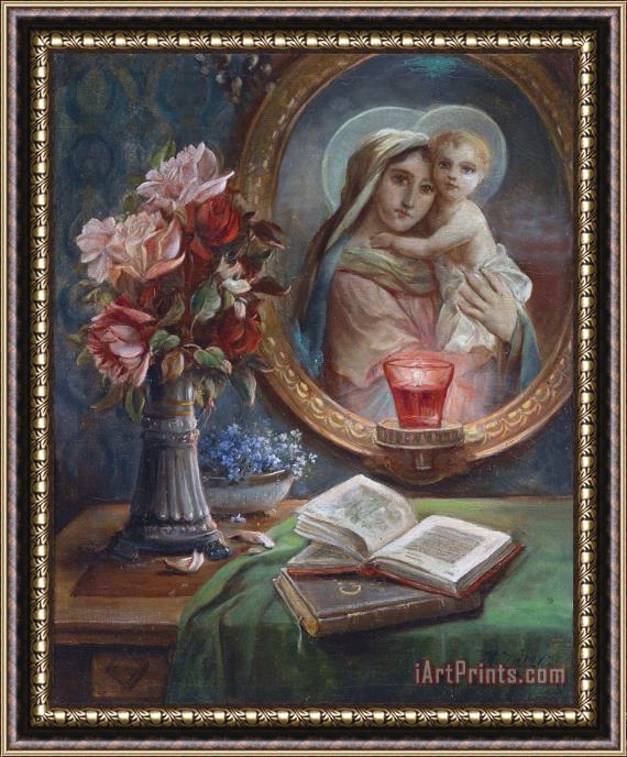 Hans Zatzka Still Life with Roses And Madonna Framed Painting
