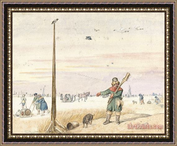 Hendrick Avercamp Duck Hunter with Game in His Belt on The Edge of a Frozen River Framed Painting