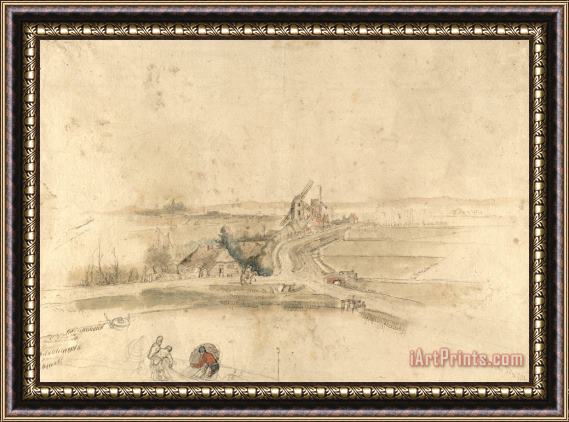 Hendrick Avercamp Flat Landscape with Houses And Two Windmills by a Road Framed Print