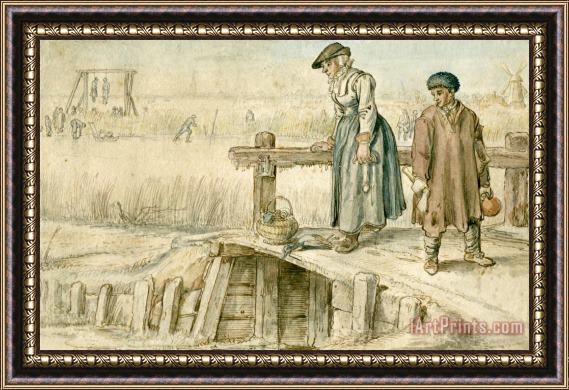 Hendrick Avercamp Winter Scene; a Woman And a Boy on a Small Bridge Framed Painting