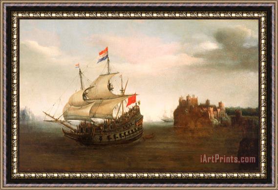 Hendrick Cornelisz Vroom A Castle With A Dutch Ship Sailing Nearby Framed Print
