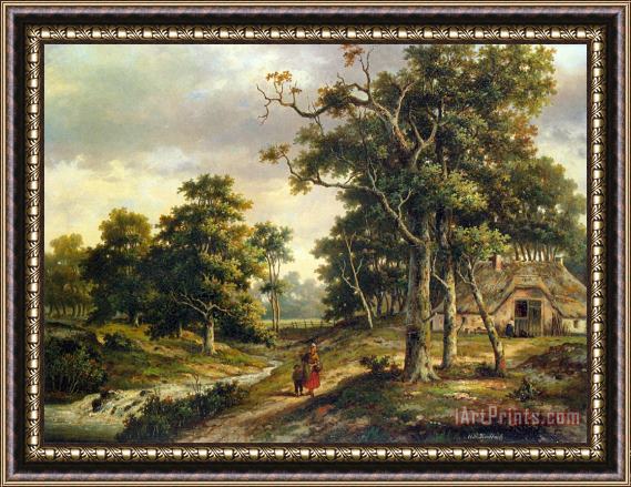 Hendrik Barend Koekkoek Peasant Woman And a Boy in a Wooded Landscape Framed Print