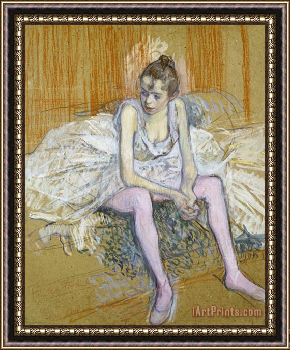 Henri de Toulouse-Lautrec A Seated Dancer with Pink Stockings Framed Painting