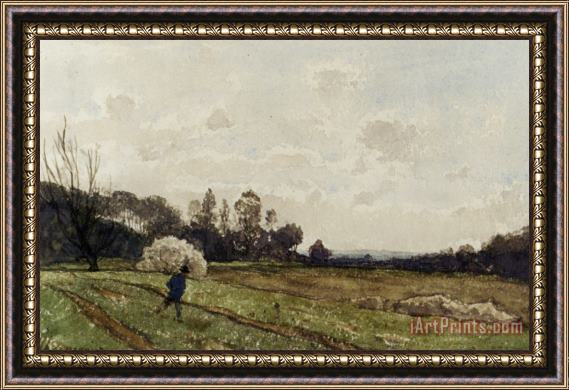 Henri-Joseph Harpignies A Farmer Crossing a Field Framed Painting