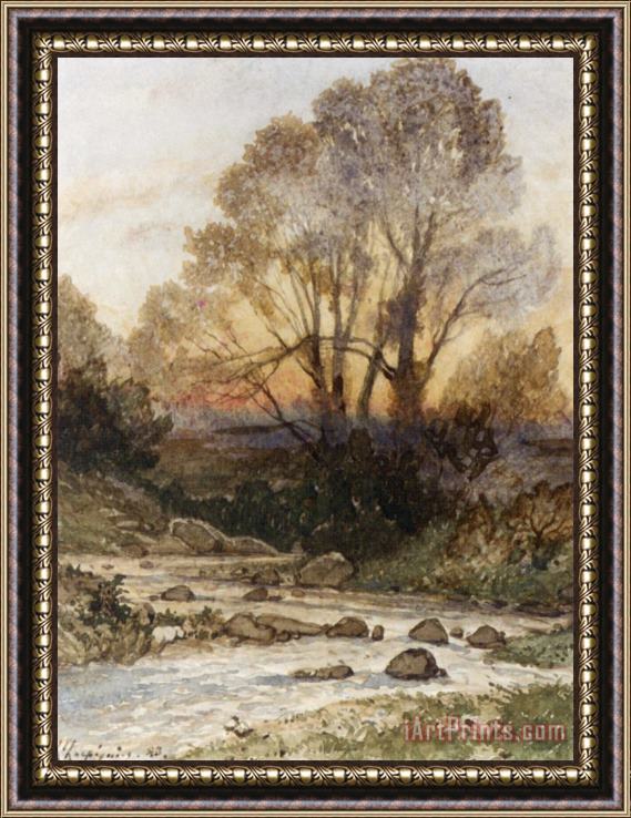 Henri-Joseph Harpignies A Rocky Landscape with a Torrent of Water Framed Print