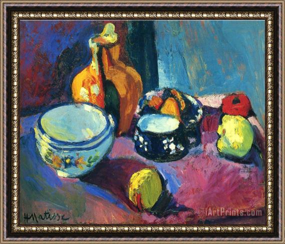 Henri Matisse Dishes And Fruit on a Red And Black Carpet 1901 Framed Painting