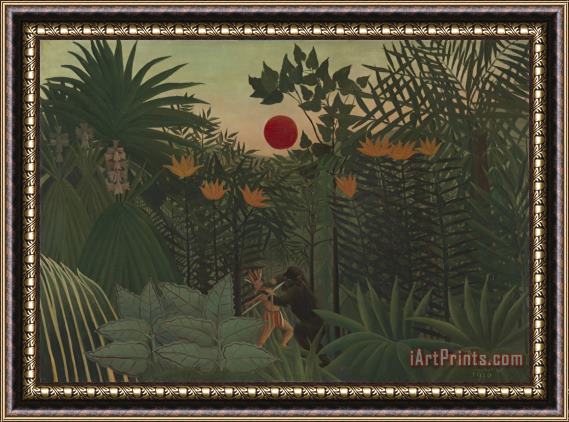 Henri Rousseau Tropical Landscape an American Indian Struggling with a Gorilla Framed Painting