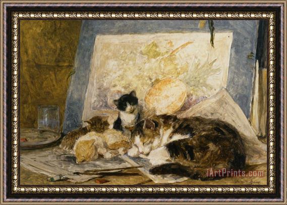 Henriette Ronner-Knip A Cat And Her Kittens in The Artists Studio Framed Painting