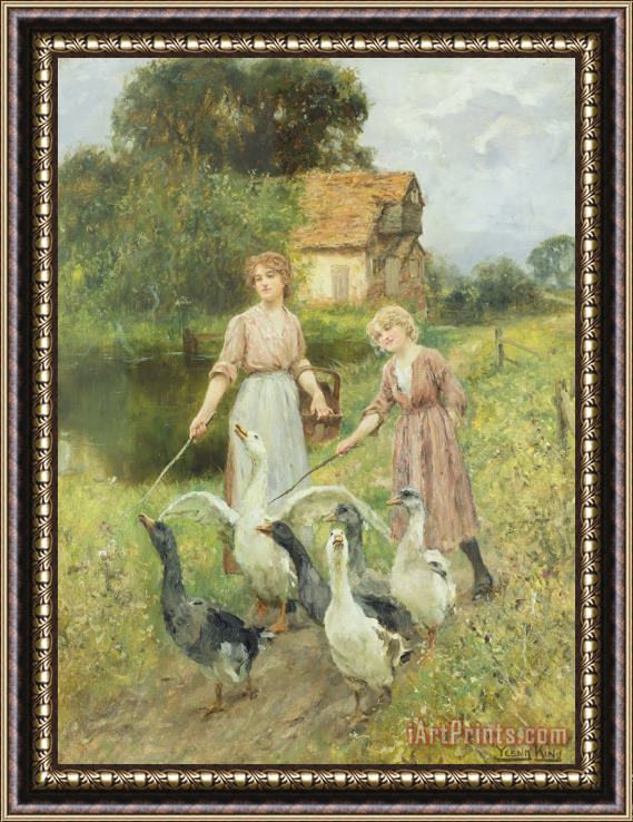 Henry John Yeend King  Girls Herding Geese Framed Painting