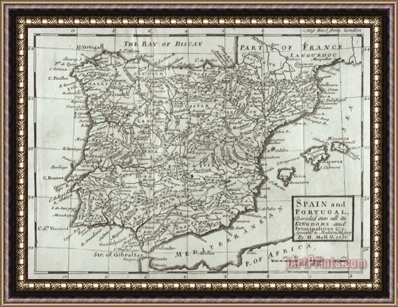 Hermann Moll Antique Map of Spain and Portugal Framed Painting