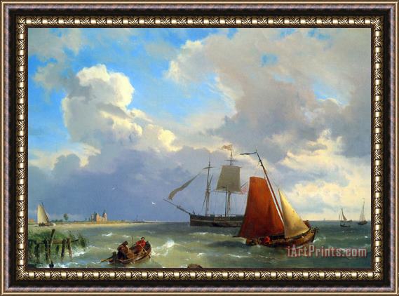 Hermanus Koekkoek Snr Shipping in a Choppy Estuary Framed Painting