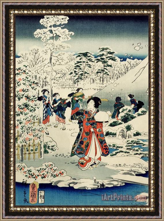 Hiroshige Maids in a snow covered garden Framed Print