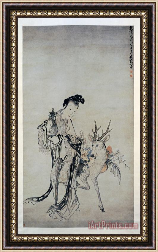 Huang Shen Ma Gu Holding a Vase,with a Deer Framed Print