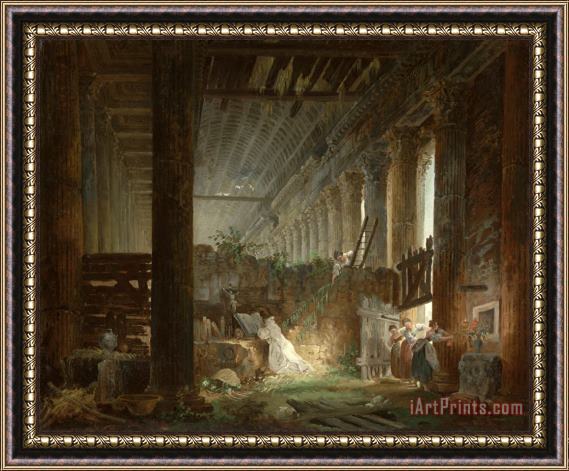 Hubert Robert A Hermit Praying in The Ruins of a Roman Temple Framed Painting