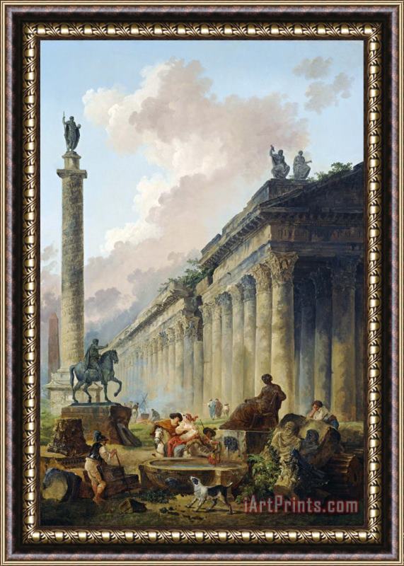 Hubert Robert Imaginary View of Rome with Equestrian Statue of Marcus Aurelius, The Column of Trajan And a Temple Framed Print