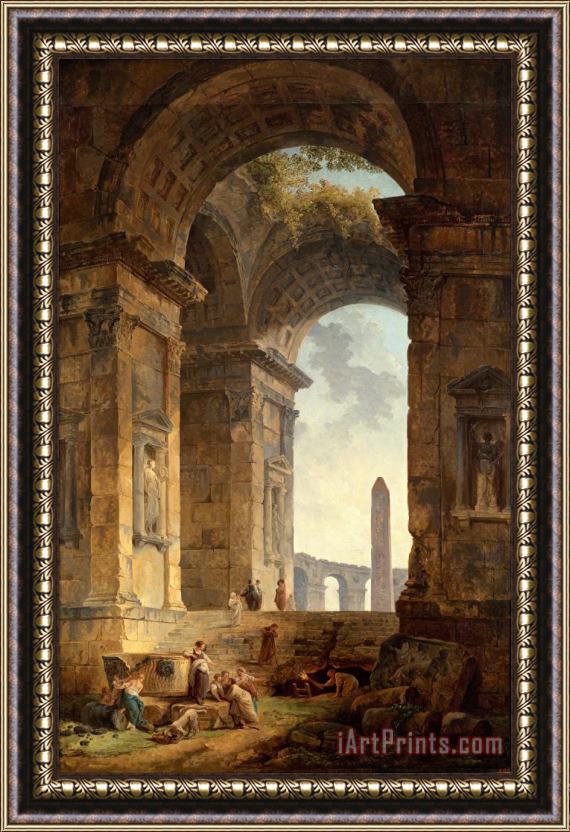 Hubert Robert Ruins with an Obelisk in The Distance Framed Painting