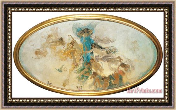Ignacio Pinazo Camarlench Nymphs And Cupids (sketch) Framed Painting