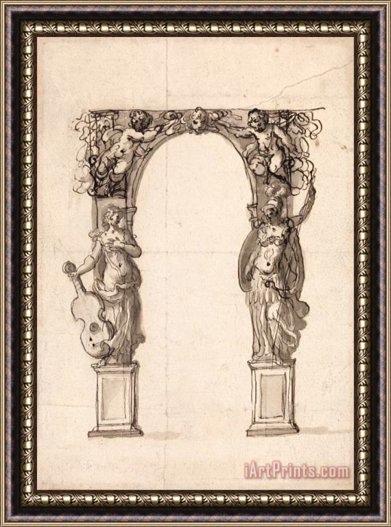 Inigo Jones Design for a Temporary Arch Ornamented with Putti And Allegorical Figures of Music And War Framed Painting