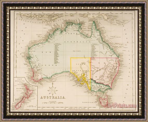 J Archer Map of Australia and New Zealand Framed Painting
