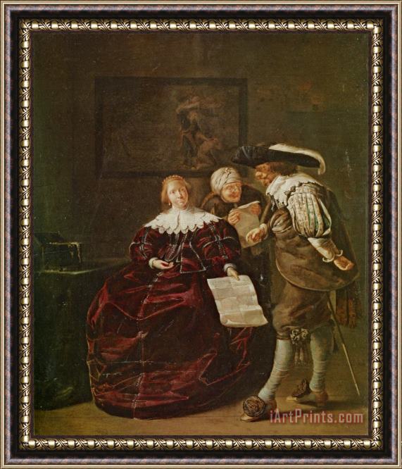 Jacob Duck The Contract a Lady Presenting a Letter to a Gentleman And an Old Lady Studying Another in an Interior Framed Print