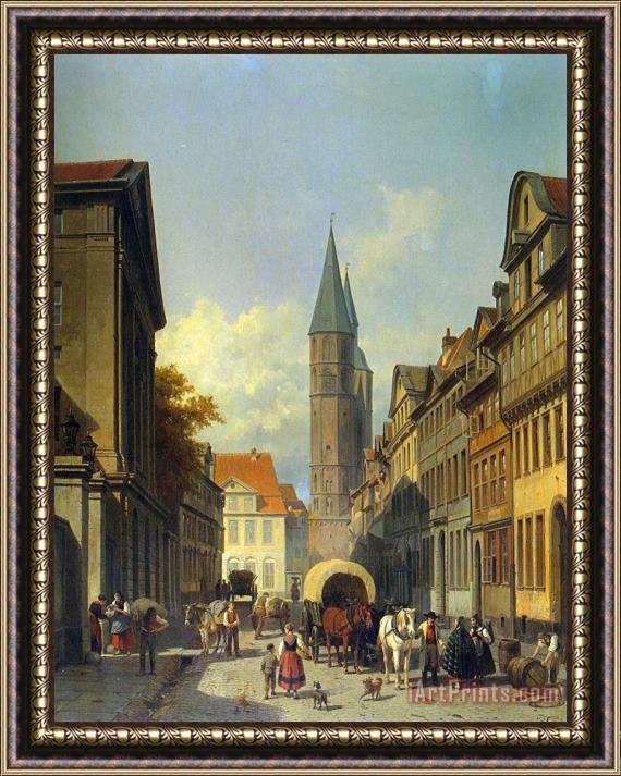 Jacques Carabain A Busy Street in a German Town Framed Painting
