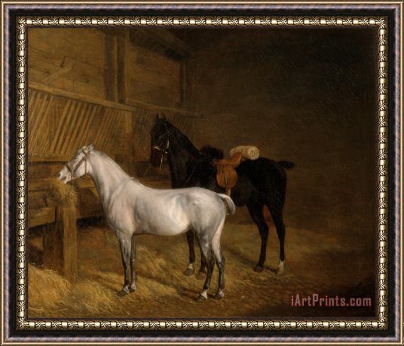 Jacques-Laurent Agasse A Grey Pony And a Black Charger in a Stable Framed Painting