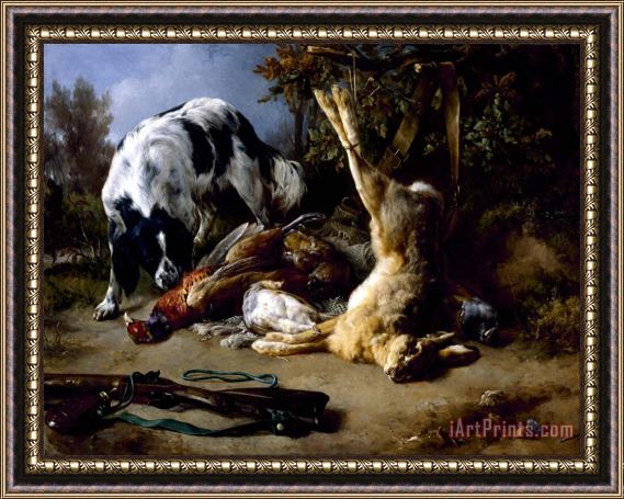 Jacques-Raymond Brascassat Spaniel with a Still Life of Dead Game Framed Painting