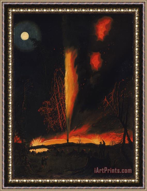 James Hamilton Burning Oil Well at Night, Near Rouseville, Pennsylvania Framed Painting