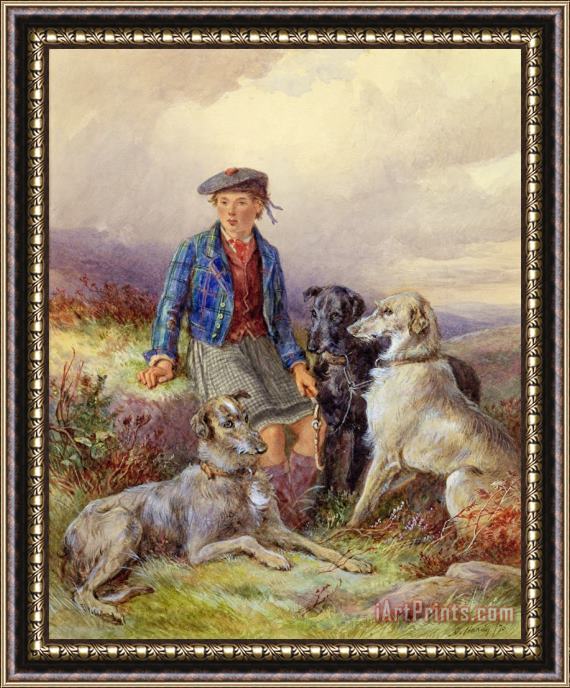 James Jnr Hardy Scottish Boy with Wolfhounds in a Highland Landscape Framed Painting