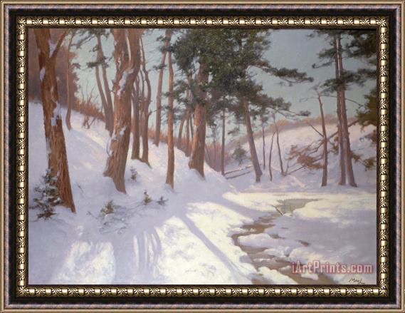 James MacLaren Winter woodland with a stream Framed Painting