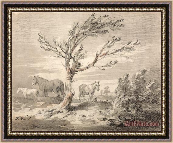 James Ward Landscape with Three Horses And a Tree in The Foreground Framed Painting