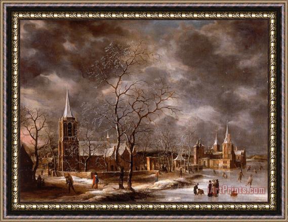 Jan Beerstraten Warmond Castle in a Winter Landscape Framed Painting