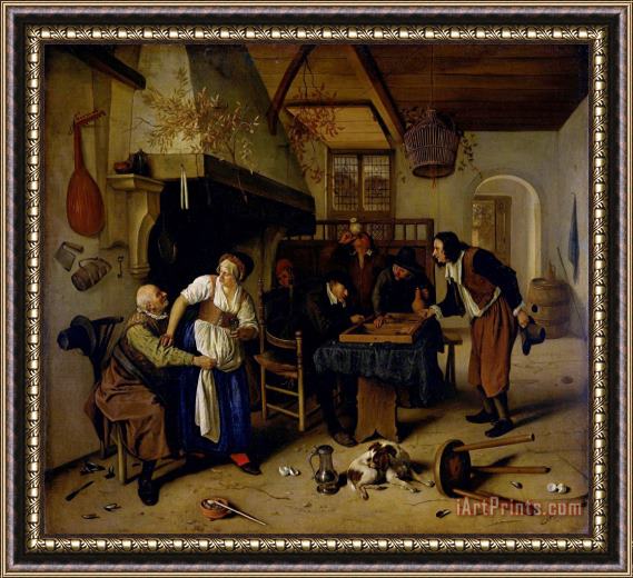 Jan Havicksz Steen Interior of an Inn with an Old Man Amusing Himself with The Landlady And Two Men Playing Backgammon, Known As 'two Kinds of Games' Framed Painting
