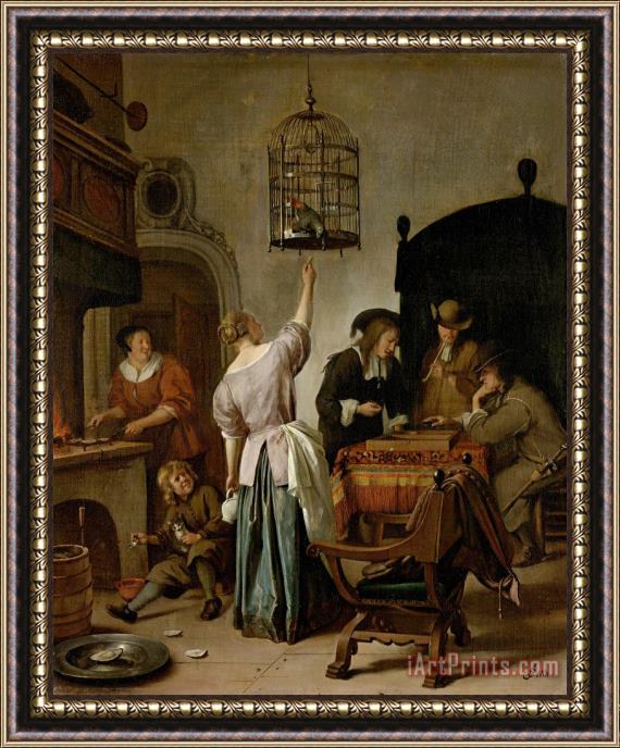 Jan Havicksz Steen Interior with a Woman Feeding a Parrot, Known As 'the Parrot Cage' Framed Print
