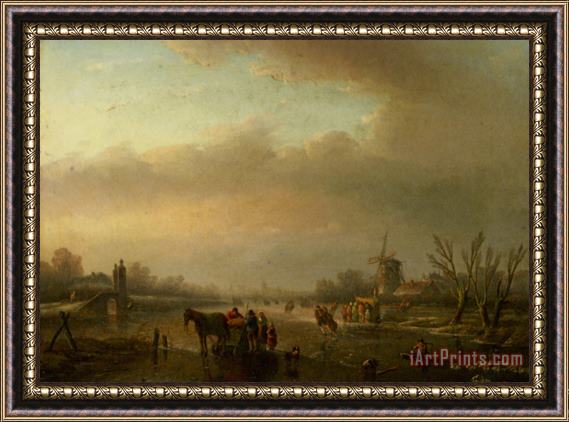 Jan Jacob Coenraad Spohler Skaters on a Frozen Canal Framed Painting