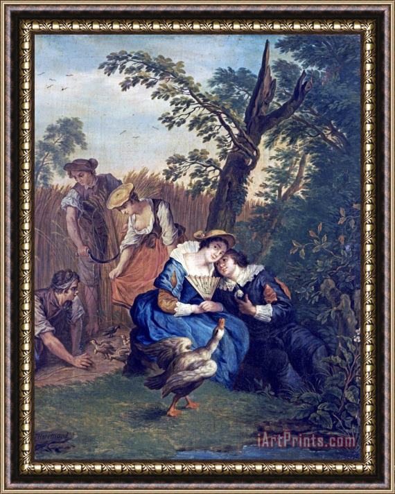 Jan Josef Horemans the Younger A Courting Couple Beneath a Tree Framed Painting