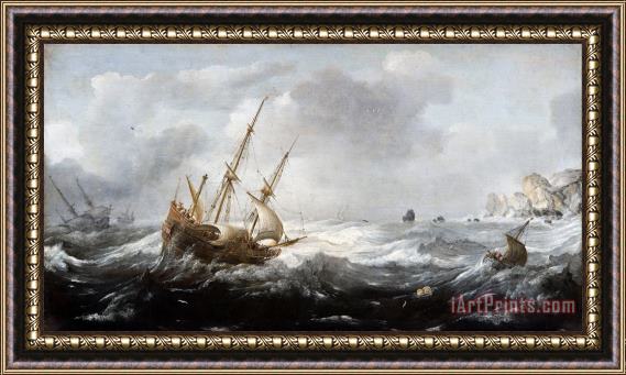 Jan Porcellis Ships in a Storm on a Rocky Coast Framed Print