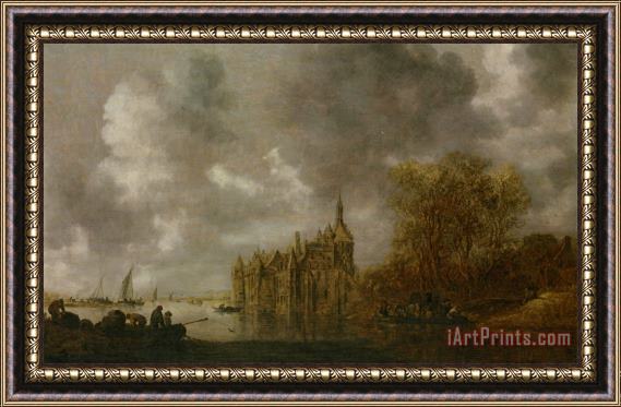 Jan Van Goyen An Extensive River Landscape with Figures Rowing And a Castle Beyond Framed Painting