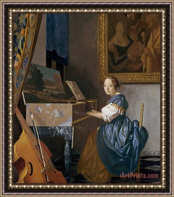 Jan Vermeer A Young Lady Seated at a Virginal Framed Painting